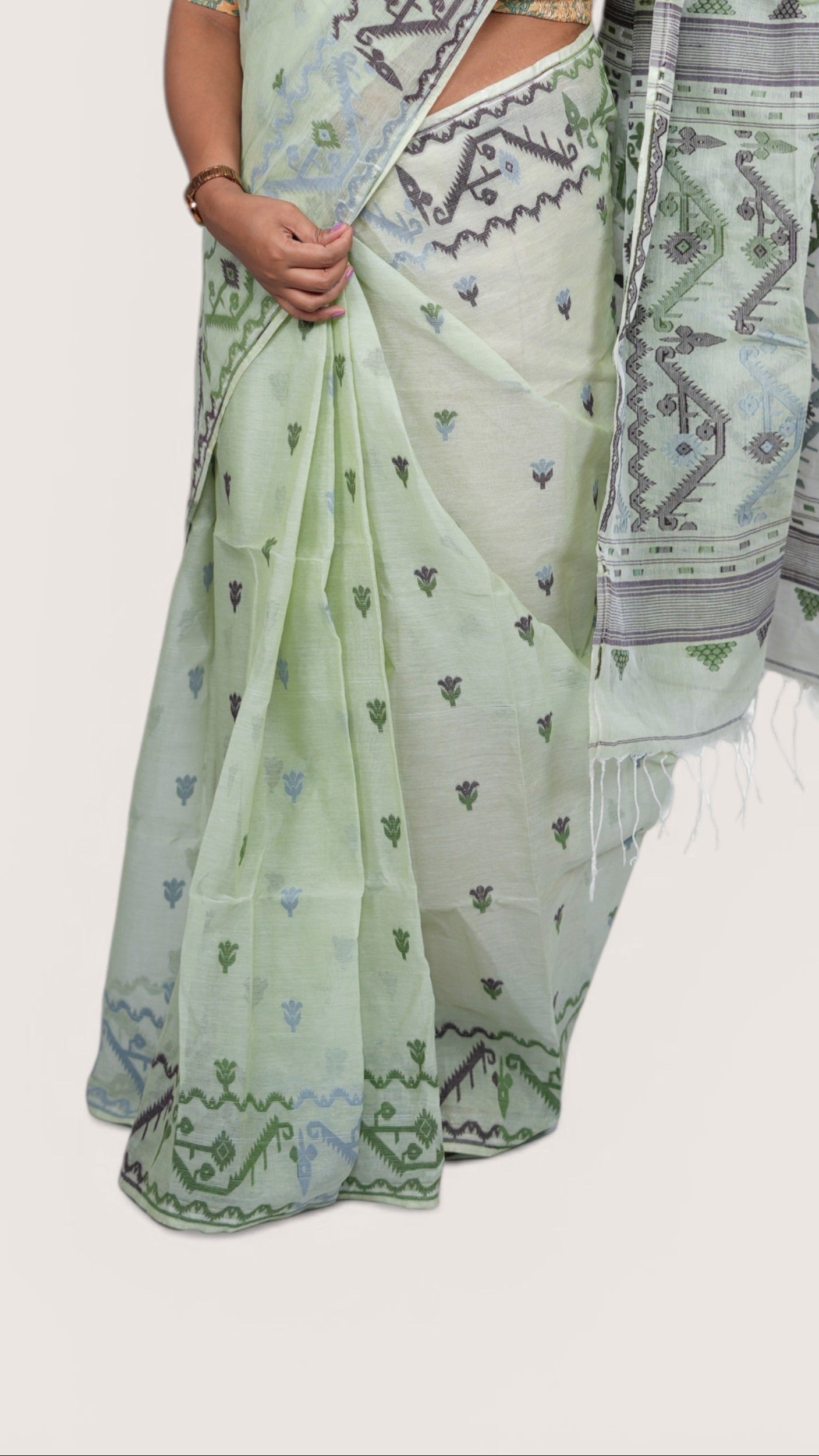 Mint Green Baluchari Taant Saree: West Bengal